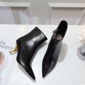 Gorąca sprzedaż - czarna skóra z spiczastymi palcami damski botki do kostki mody Designer Sexy damskie wysokie obcasy buty pompy (oryginalne pudełko) 6,5 cm