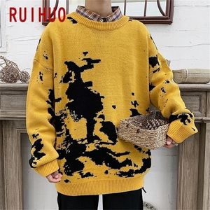 RUIHUO Autumn Winter Vintage Tie Dye Knitted Sweater Men Clothing Korean Fashion Pullover Coats Wool Jumper M-2XL 201123