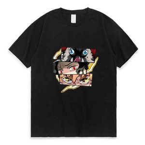 Anime Demon Slayer Print T-shirt Mannen Vrouwen Hashibira Inosuke Agatsuma Zenitsu Kamado Nezuko Eyes Mode All-match T-shirt Tops G220223