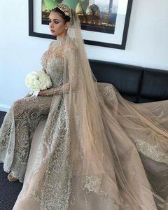 Champagne Arabic Dubai Mermaid Wedding Dresses with Detachable Train High Neck Full Lace Applique Long Sleeve Muslim Bridal Gown