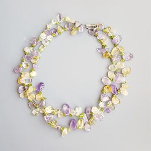 Lii Ji Naturstein Echter Lavendel Amethyst Citrin Peridot Knebelverschluss 2 Reihen Halskette 47 cm Handgefertigter Schmuck für Frauen Geschenk Q0531