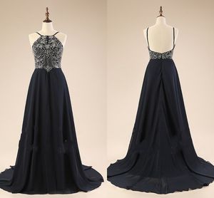 Svart Chiffon Prom Aftonklänningar Halter Topp Hand Arbete Beaded Crystyal Sheath Dress Formell Party HomComionG Gowns Lång Särskilt tillfälle