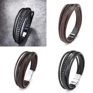 Classic Genuine Leather Bracelet For Mens vintage Multilayer Magnet Handmade Hand Charm Magnetic clasp Wristband Cool Boys Jewely K2