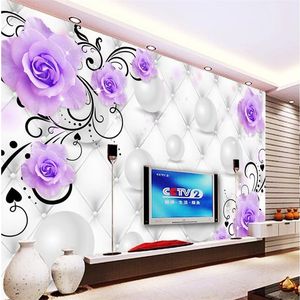 Beibehang Özel Fotoğraf Duvar Kağıdı Sticker Mor Gül Çiçek Asma 3D Yumuşak Kılıf TV Duvar Papel De Parede 3D Para Sala Atacado