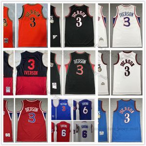 Retro Mitchell Ness Jersey Basketbal Hakeem 3 Allen Iverson 6 Julius Oerving Wit Blank Blauw Rood 1996-98 1999-00 03-04