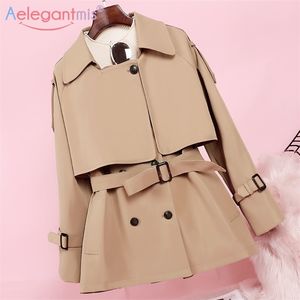 Aelegantmis New Fashion Women Long Trench Coat Autunno Inverno Cintura vintage doppio petto Khaki Trench Outwear Slim Office Coat 201211