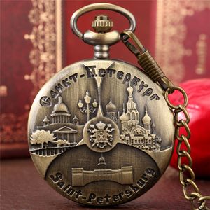 Antike Steampunk Uhren St. Petersburg Design Quarz Taschenuhr coole Bronzeuhr mit FOB Halskette Kette Souvenir Geschenke für Männer Frauen Frauen