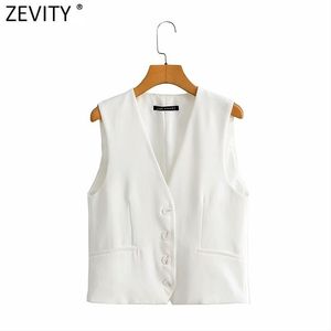 Zevity Women Simply Ärmlös White Vest Jacket Office Ladies Wear Single Breasted Slim Waistcoat Fritid Outwear Toppar CT731 211220