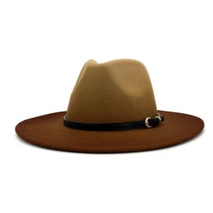 2021 Höst Winter Fashion Spray-Painted Jazz Woolen Hat med Bältespänne Kvinnor Män Stora Bra Brim Panama Gradient Fedora Hat