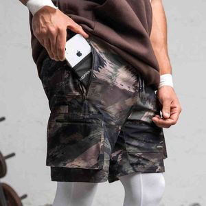 Herren Laufshorts Camouflage Freizeit Gym Shorts Schnell trocknende Sportshorts Eingebaute Taschen Jogging Reißverschlusstaschen G220223