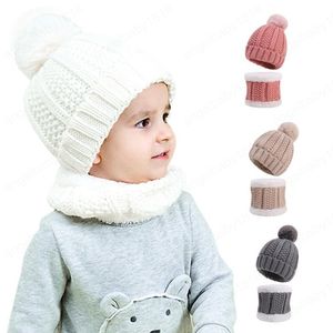 Children Knitted Hat Scarf Set Crochet Cashmere Winter Warm Kids Pompom Ball Beanie Thick Caps for Boys Girls