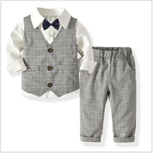 Meninos Gentleman roupa do estilo Define Crianças Plaid Colete + shirt + Bowtie + calça 4pcs Suit Set Crianças Boy Roupas Sets crianças