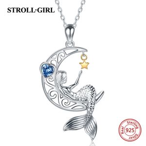 Strollgirl New 925 Sterling silver beautiful Mermaid pendant chain zircon moon star necklace for Women Fashion Jewelry free ship Q0531