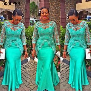 Turkos Afrikansk sjöjungfrun kvällsklänning Vintage Lace Nigeria Långärmade Aso Ebi Style Evening Party Gown Vestidos de Gala LJ201123