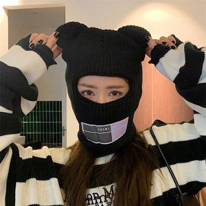 Urso orelhas balaclava senhoras 1 buraco máscara de esqui artesanal crochê rosto cheio chapéu de lã bonito menina inverno streetwear quente beanie 220107