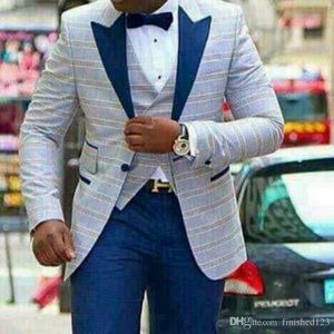 Um botão luz azul xadrez do casamento noivo tuxedos pico de lapela groomsmen homens jantar camisetas (jaqueta + calça + colete + gravata) no: 1476 201027