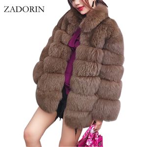 Zadorin 2020 Plus Size Winter wierzchnia odzieży Furry Faux Fur Coat Kobiety Wysokiej Kołnierz Z Długim Rękawem Fałszywe Futro Kurtka Fourrure Abrigos Mujer LJ201021