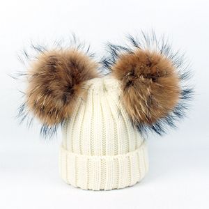 2020 New double natural Pom Poms hat Girls Boys Winter Warm Fur Pompom Ball Knitted Beanies Hat Skullies Beanies Cotton Bonnet LJ201225