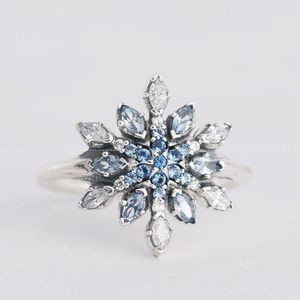 100% 925 Sterling Silver Snowflake Pierścień z Blue CZ Fit Pandora Biżuteria Zaręczyny Wedding Lovers Pierścionek