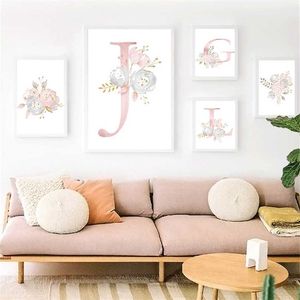 Flores de arte de parede para meninas decoração de quarto personalizado poster bebê nome personalizado berçário de pintura de lona imprime rosa 211222