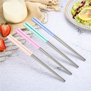 Eco-Friendly Plastic Wheat Straw Handle Silver Chinese Chopsticks Stainless Steel 304 4 Colors 19cm 23cm