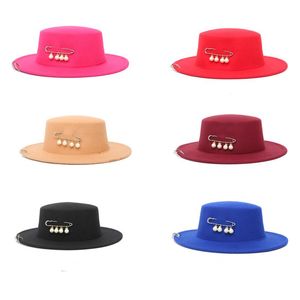 Ny kopparring Pin Flat Top Hat Trend Kvinnor Wide Brim Fedora Trillby Kepsar Damerull Feltro Bowler Gambler Top Hat European US