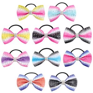 5-calowy dziewczyna Ponytail Holder Glitter Hair Line Bow Cheer Guma Band Rainbow Hairband Elastyczne Grosgrain Rhinestone Cheerleading Tie Boutique