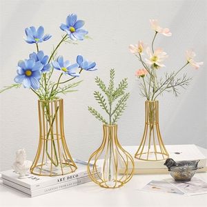 Nordic Golden Glass Vase Iron Hydroponic Plant Flower Vase Tabletop Coffee Shop Office Home Decoration Accessories Modern desk LJ201208