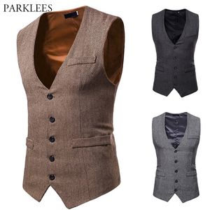 Herringbone Tweed Mens Waistcoat Formal Business Casual Slim Fit Vests for Men Retro British Style Gentleman Men Suit Vest Gilet 201014