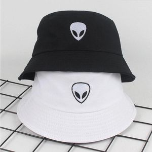 Cloches 외계인 패턴 버킷 모자 유니탄 접이식 자수 캡 힙합 고르 로스 2021 남성 여름 모자 여성 파나마 낚시 모자 1
