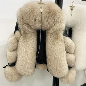 Maylofuer Women Real Fox Fur Coat äkta fårskinnskinnjacka Lång ärm 100% naturliga rockar med löstagbar krage