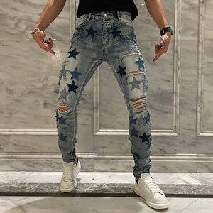 Мужские джинсы High Street Fashion Brand Jeans Мужские тонкие леггинсы наклейки Отверстия наклейки Все над телом Градиент Пять остроконечных звездных повседневных брюк