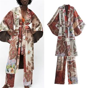 TRAF ZA 2pcs Women Kimono Shirts +Trousers Suit Belt Summer Full Printed X-Long Blouse Set Female Pants Casual Clothes 220226