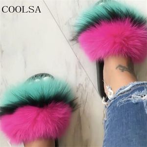 Zima Pluszowa Damska Pluszowa Furry Home Buty Ciepłe Fox Kapcie Kobiety Futro Slajdy Klapki Female Fluffy Sandals 45 Y201026