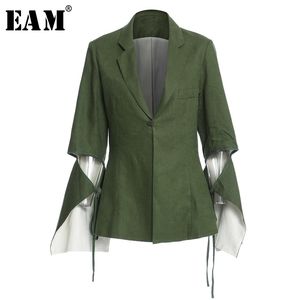 [EAM] Blazer da donna di grandi dimensioni con fasciatura verde irregolare Nuovo risvolto manica lunga giacca ampia moda primavera autunno 1Z177 201201