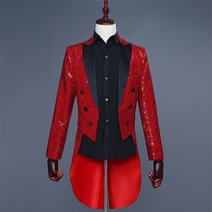 Red Mens Tailcoat Redingote Longue Homme Vintage Suit Jacket Long Tuxedo Vintage Men Dress Jackets Tuxedo 201106