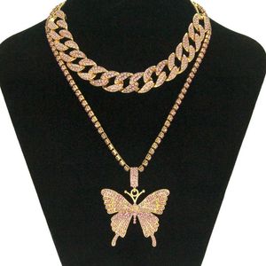 Hip Hop Gelado Out Rhinestone Big Butterfly Pingente Colar Chain Set para Mulheres Estração Bling Cristal Animal Groker Jóias
