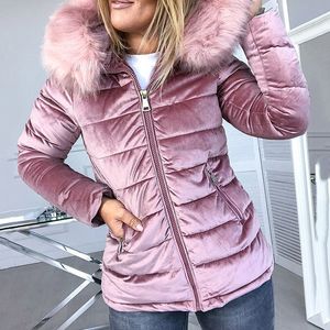 Frauen Winter Gepolsterte Jacken Warme Baumwolle Samt Grau Rosa Faux Pelz Kapuze Mode Oberbekleidung Frau Mit Kapuze Parka Mantel Plus größe 4XL 201130