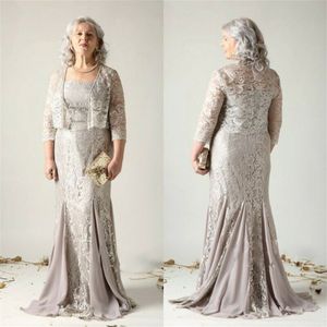 Grå 2021 Brudens mor klänningar med jacka Lace Appliqued Aftonklänningar Scoop Neck Plus Size Bröllop Gästklänning
