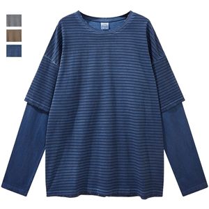 Fake tweedelige t shirt gestreepte oversized grijsblauwe lange mouw top Koreaanse stijl mode losse heren en dameskleding