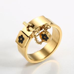 fjxpFashion Lucky Flower Charm With Chain Ring Gold/Sliver Stainless Steel Love Promise Finger Rings For Women Men Jewelr