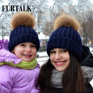 Шапочка/черепа кепки Furtalk Real енота еновая еновая шляпа Пара родитель-кильд-деть семей Семейство семьи зима для детей1