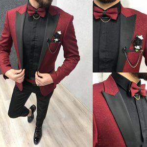 Męskie Garnitury Blarzers Burgundy Groom Ślub Tuxedos Mens Prom Slim Fit Black Peaked Lapel 2 kawałki Kurtka Kamizelka