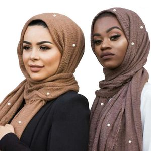Sjalar muslimska pannband hijab god kvalitet halsduk fast färg damer bomull rynka vanligt rynka wrap bubbla kvinnor skrynkliga sjal1
