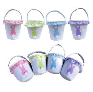 Påsk Dekorera Utskrift Plush Buuny Tail Basket Lace Canvas Bunny Öron Väskor Kids Carry Candy Presentväskor Gulliga påskägg dekor påsar