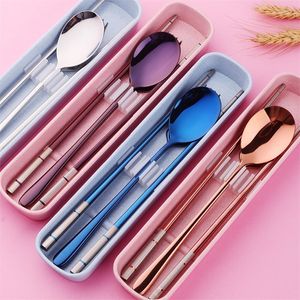 304 Stainless Steel Cutlery Set Chopsticks Spoon Fork Tableware with Portable Gift Box Bag For Kids Adult School Travel Picnic 201128