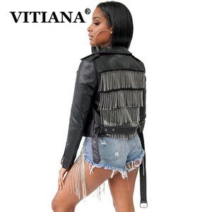 VITIANA Frauen PU Leder Schwarz Jacke Frühling Weibliche Lange Sleeve Zipper Moto Bilker Quasten Coole Jacken Damen Mode Mantel LJ201012