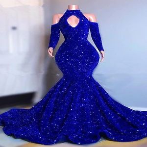 Sparkly Royal Blue African Afton Klänning Sequined 2022 Öppna Fram Långärmad Balck Girls Mermaid Prom Klänningar Plus Size Party Gowns Formellt Tillfälle Slitage