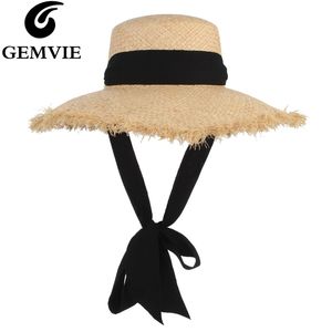 Gemvie اليدوية نسج raffia القش قبعة للنساء واسعة بريم مرن الشمس قبعة الصيف القبعات سيدة شاطئ كاب مع الذقن حزام المألوف Y200102
