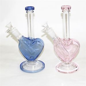 9 pollici Love blu rosa a forma di cuore bong narghilè 5mm vetro per fumare pipa ad acqua dab rigs giunto 14mm